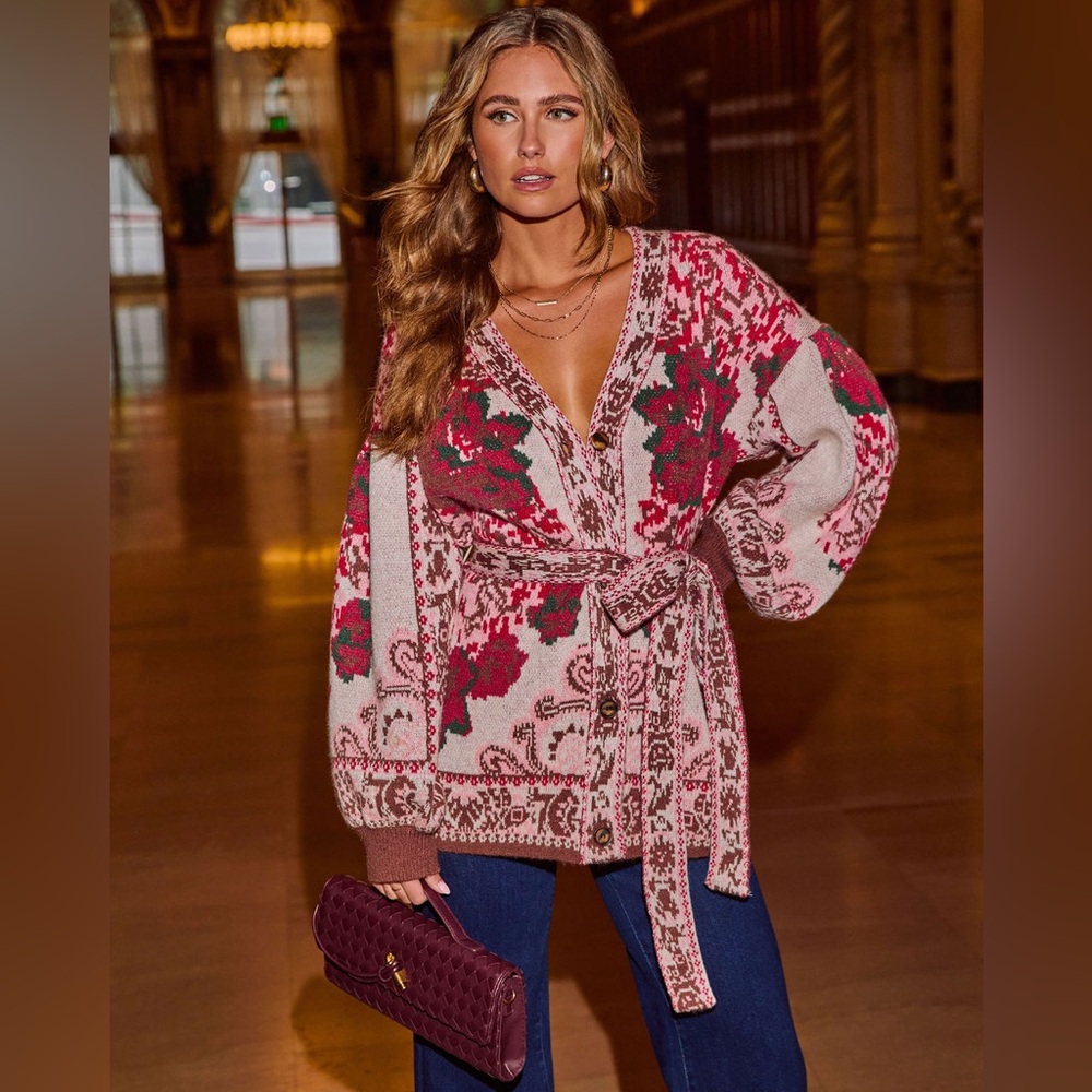 Vici Pink Red Floral Knit Wrap Cardigan